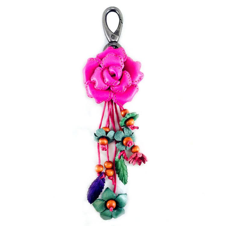 Handmade Keychain Leather Flower Rose Pink Keyring Bag
